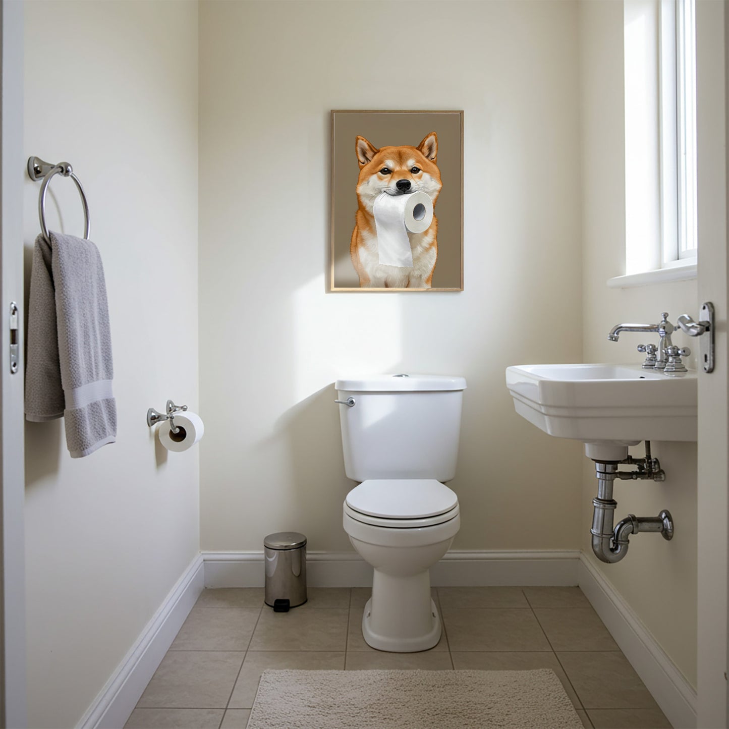 Poster Shiba Inu drôle pour WC – Affiche murale chien avec rouleau de papier toilette, déco toilette humour, idée cadeau encadrée