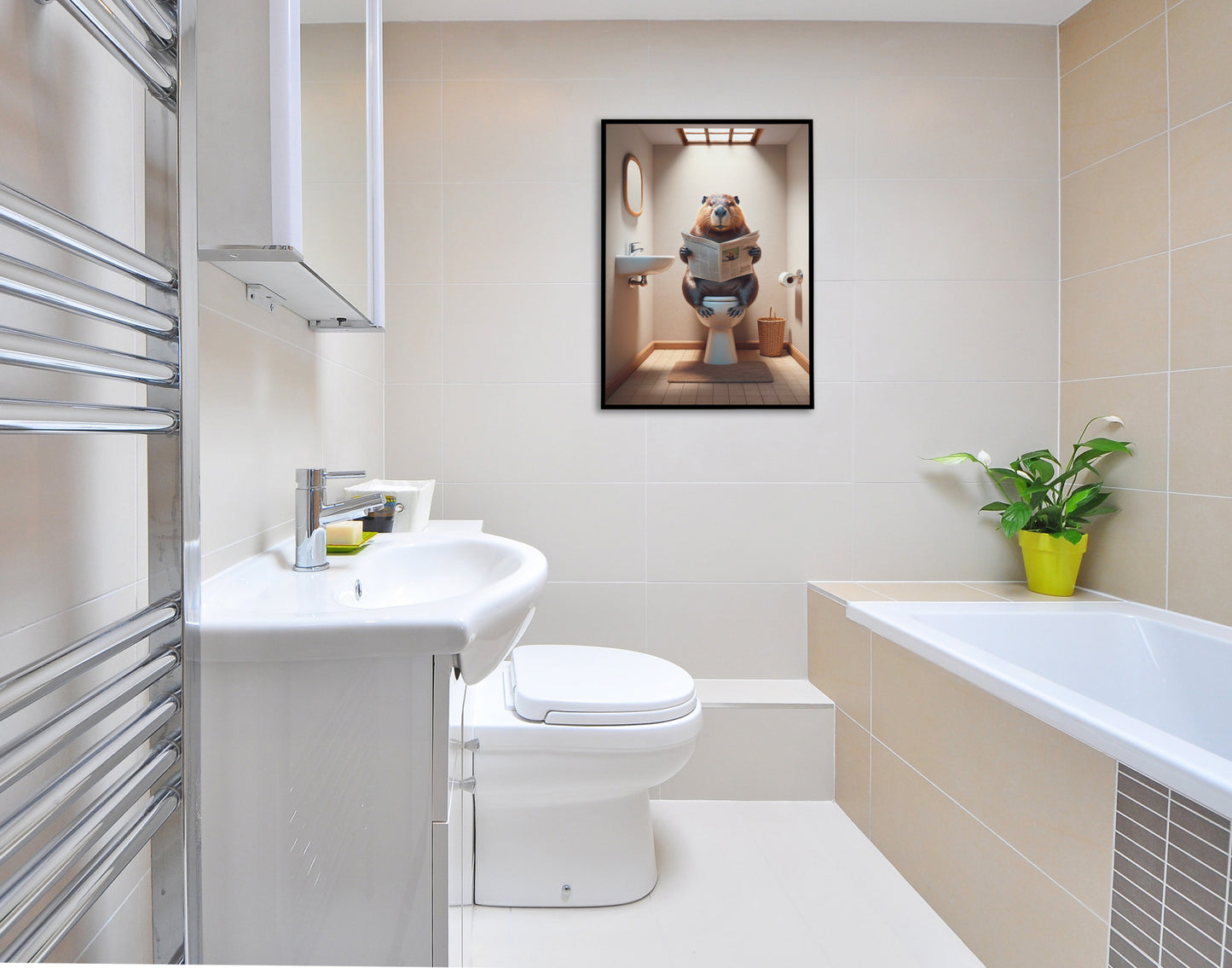 Poster Humour : Castor Lisant le Journal aux Toilettes, Décoration Salle de Bain, Cadeau Amusant, Art Mural WC