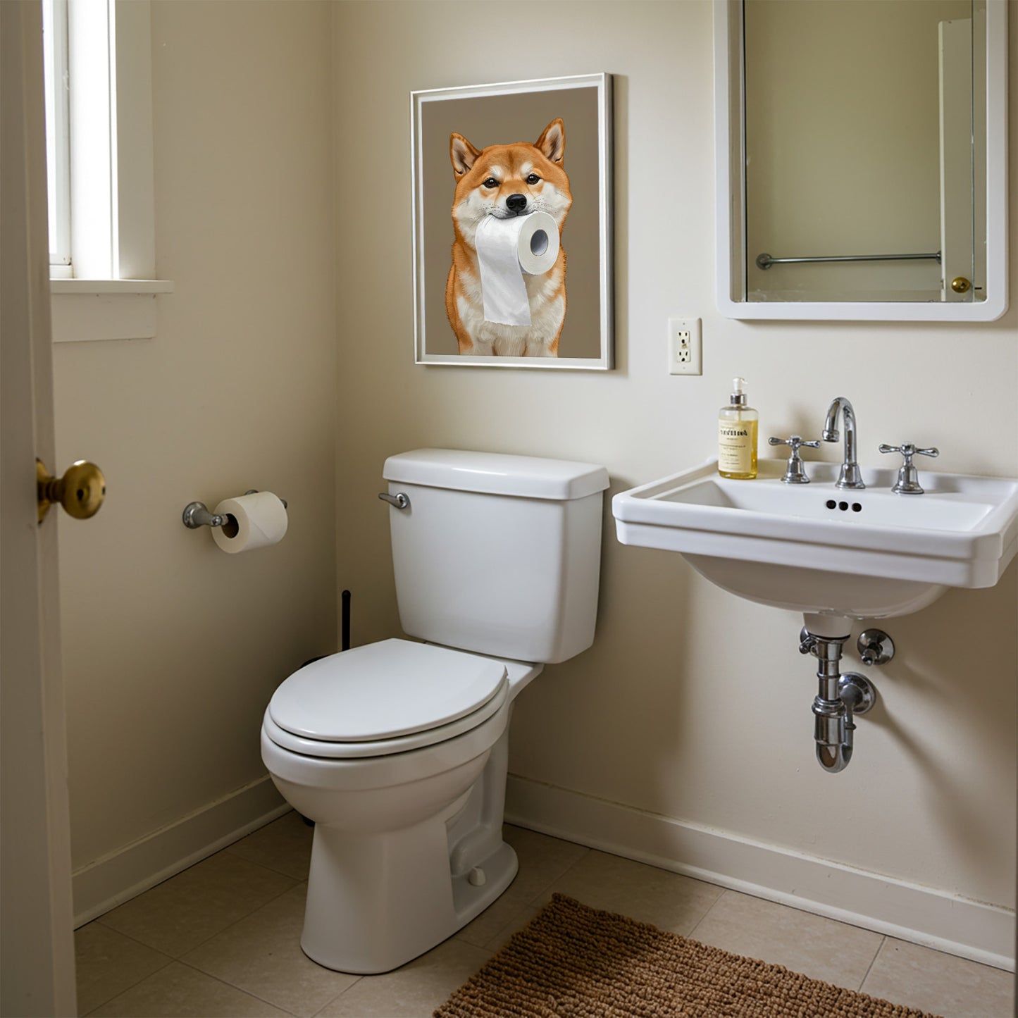 Poster Shiba Inu drôle pour WC – Affiche murale chien avec rouleau de papier toilette, déco toilette humour, idée cadeau encadrée