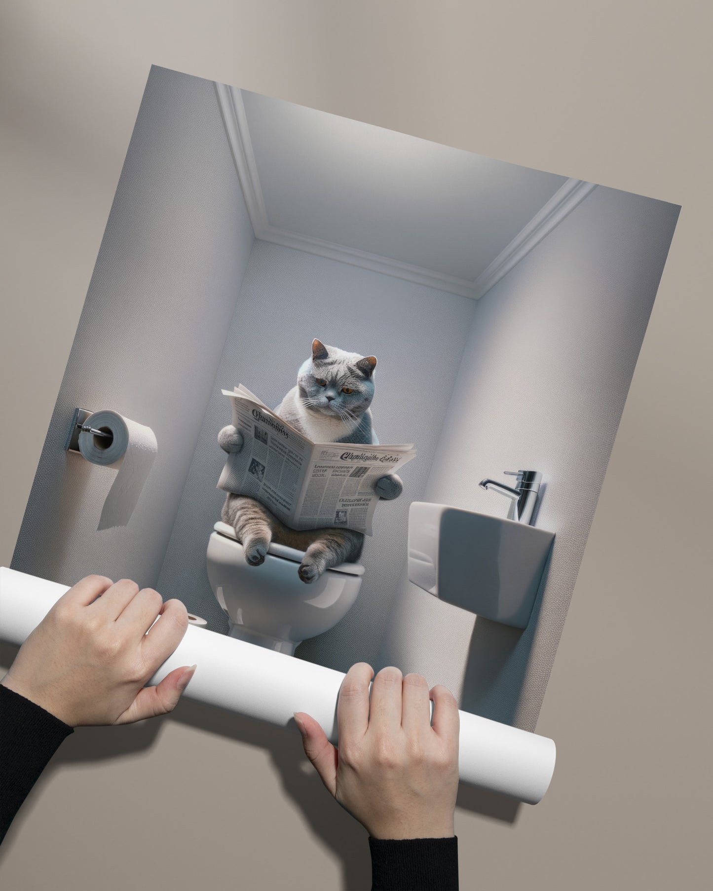 Affiche Humoristique Chat British Shorthair Bleu & Blanc aux Toilettes, Décoration Murale WC & Salle de Bain, Idée Cadeau Fun