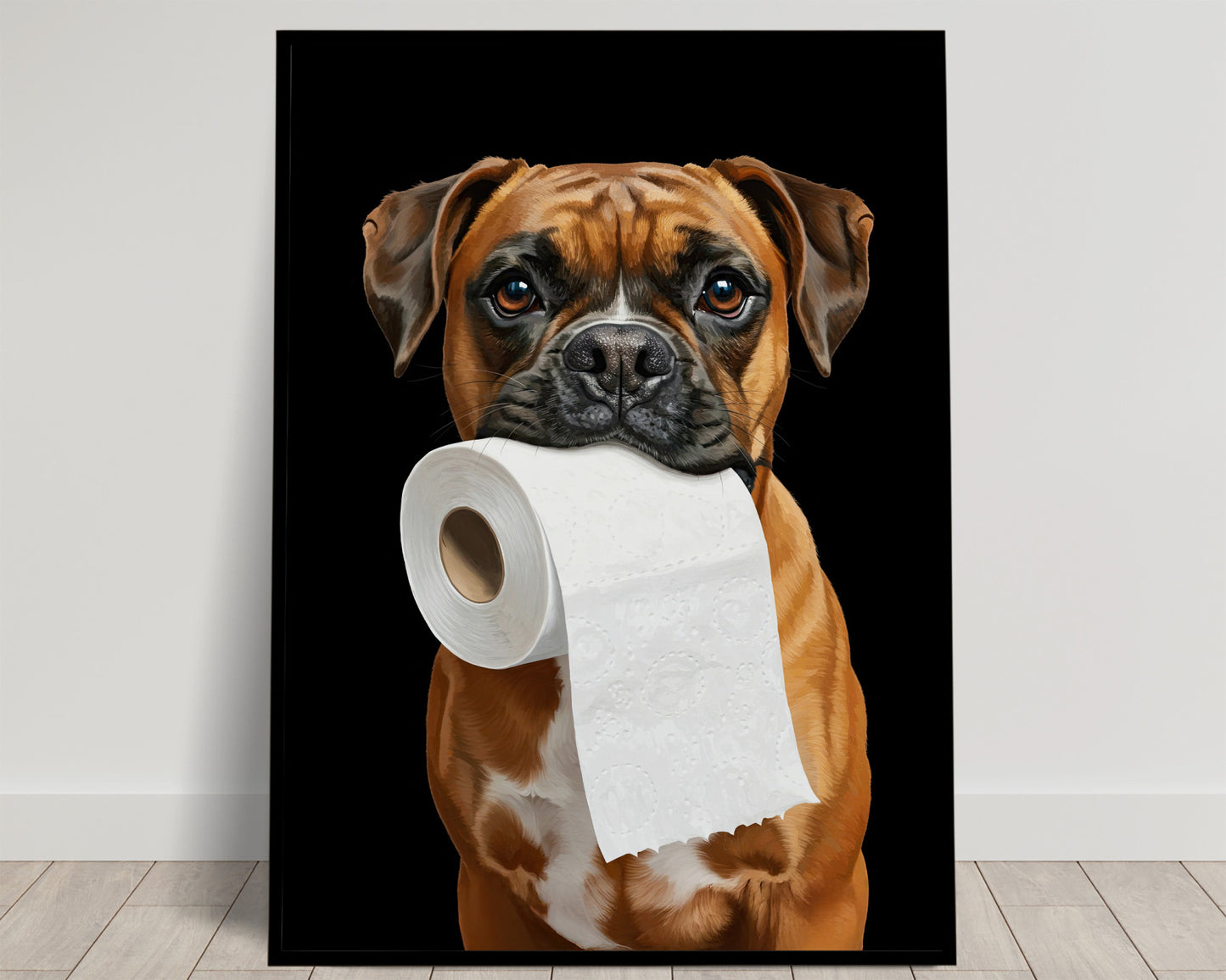 Fawn Boxer holding a toilet paper roll in its mouth on a black background, Balthazart Studio poster