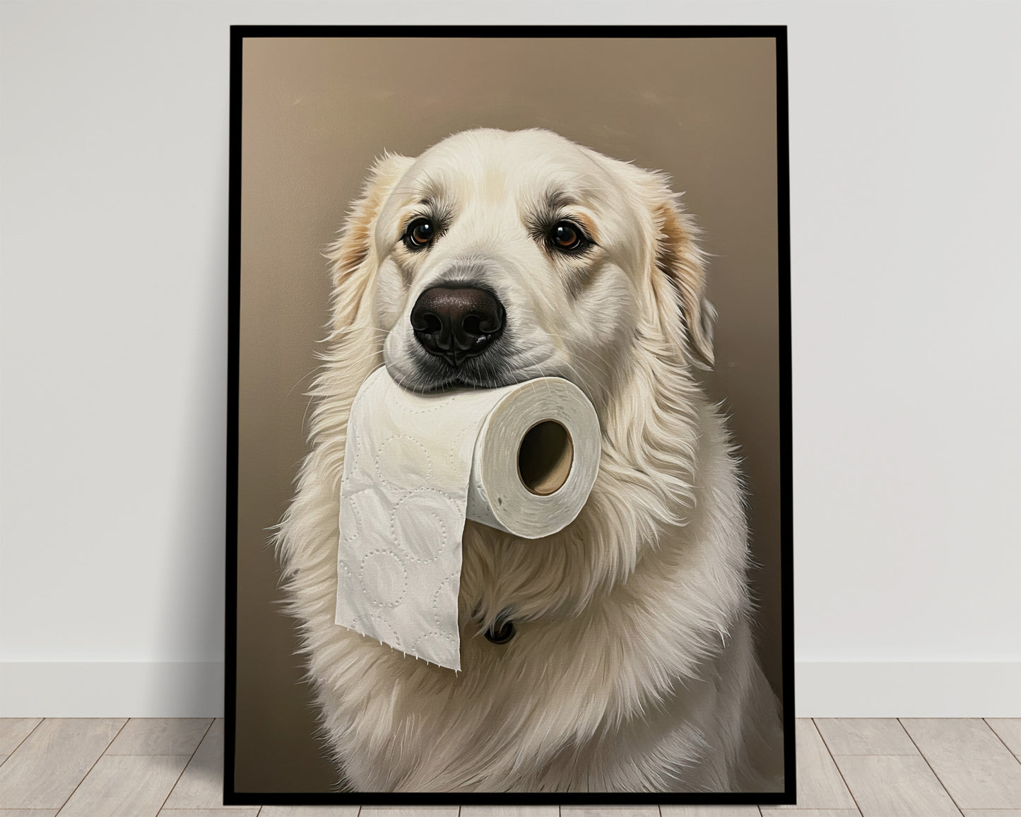 Chien de montagne des Pyrénées blanc tenant un rouleau de papier toilette, fond taupe, poster humour WC en cadre noir