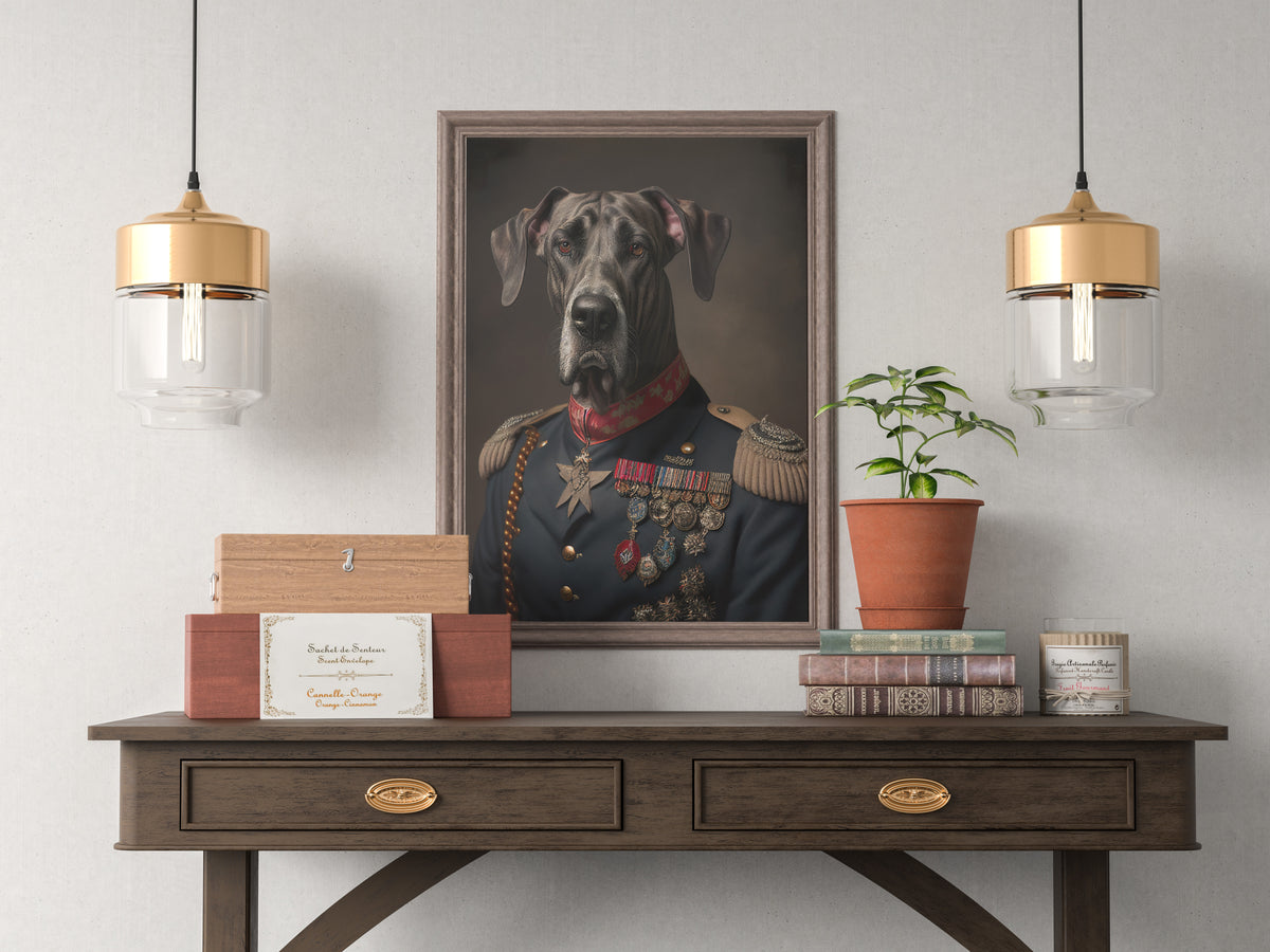 Great Dane officer poster in a dark wood frame above a console table between two brass pendant lights