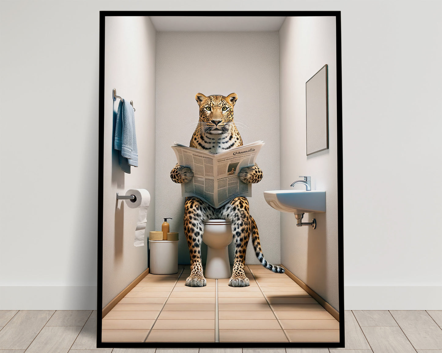Léopard tacheté lisant le journal sur les toilettes, WC blanc, serviette bleue et sol bois clair, poster humour