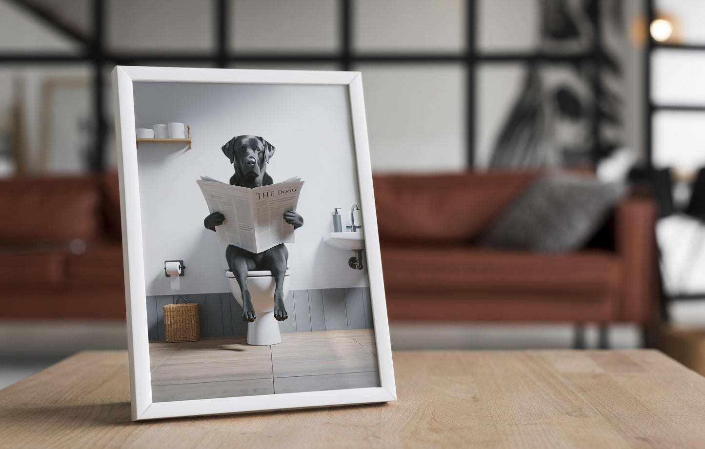 Poster Labrador noir lisant le journal, Humour WC, Décoration Salle de bain, Cadre déco original, Cadeau amusant