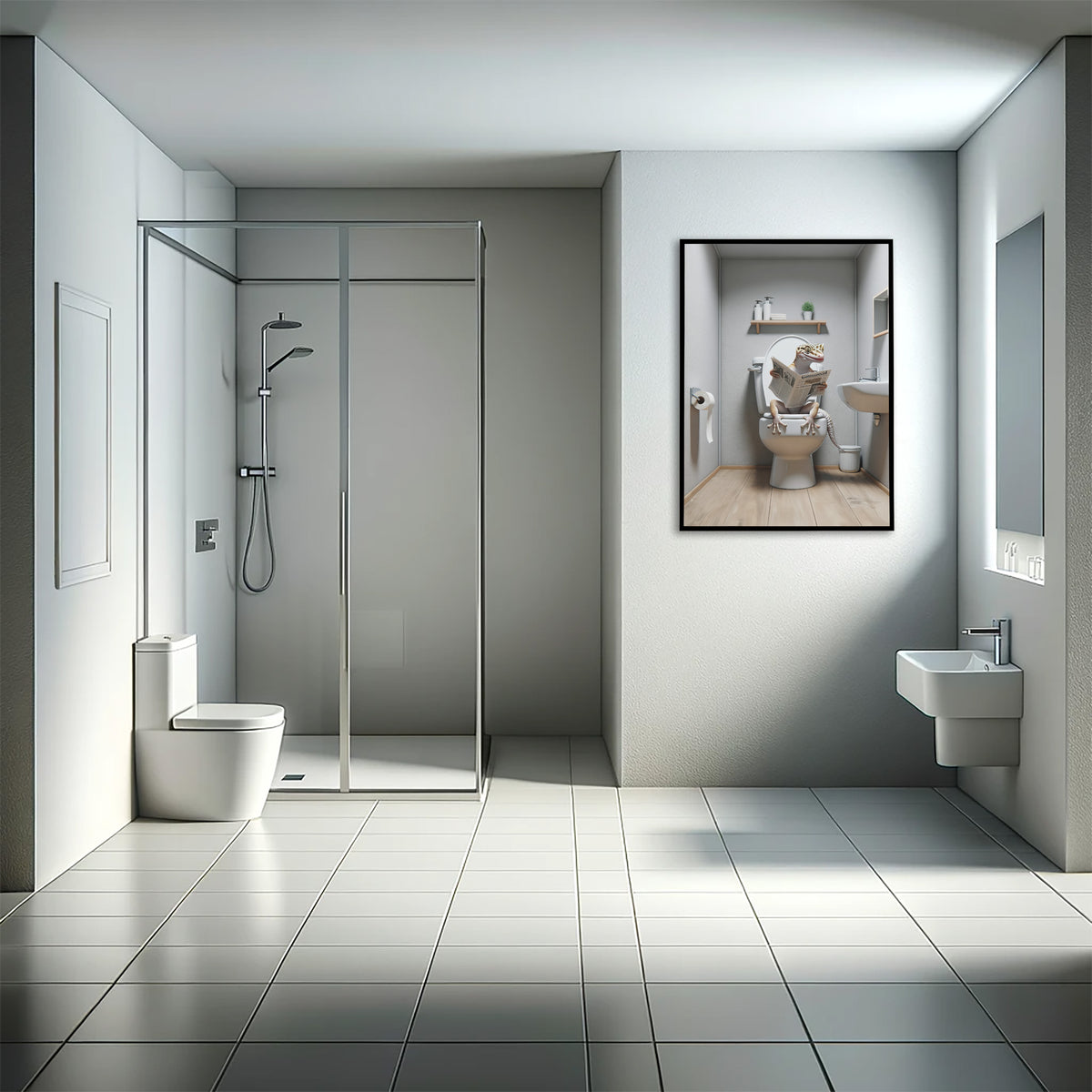 Poster lézard lisant le journal aux toilettes en cadre noir dans une salle de bain avec douche à l'italienne