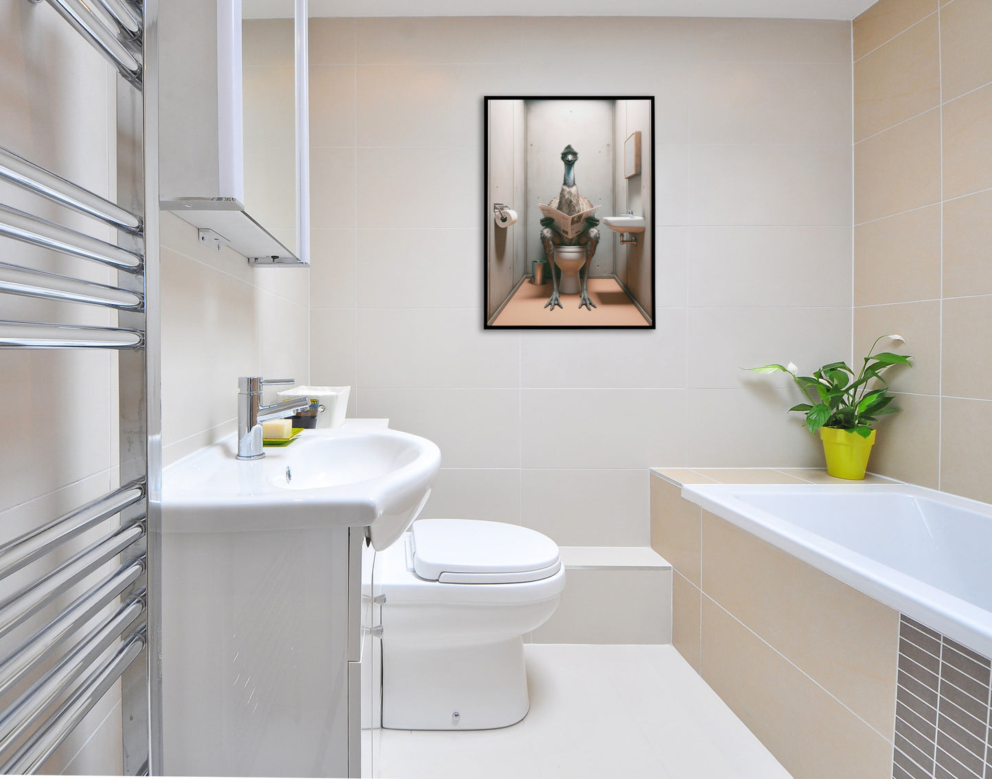 Poster Humour Émeu lisant le journal, Décoration Salle de Bain, Cadeau Amusant, Art Mural Original, Décor WC, Affiche Toilette