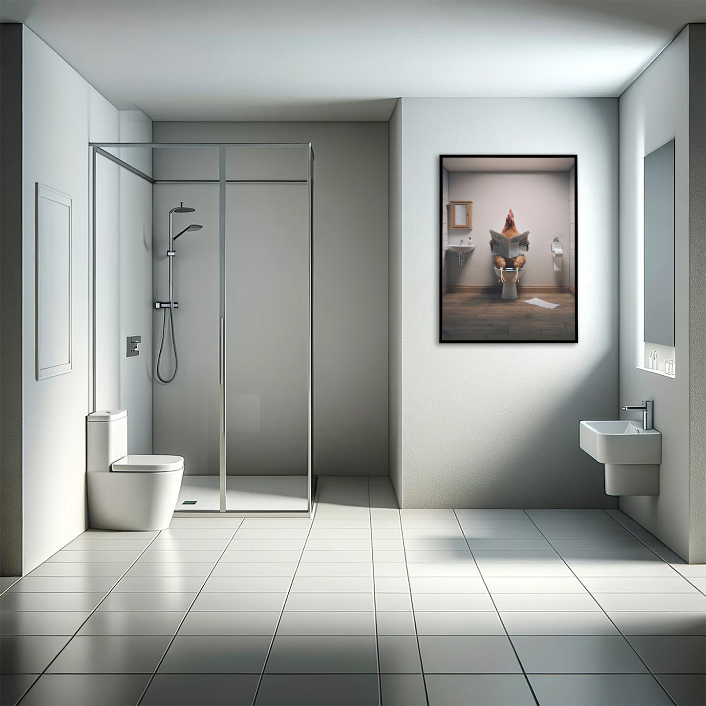 Poster poulet lisant le journal en cadre noir dans une salle de bain avec douche à l'italienne