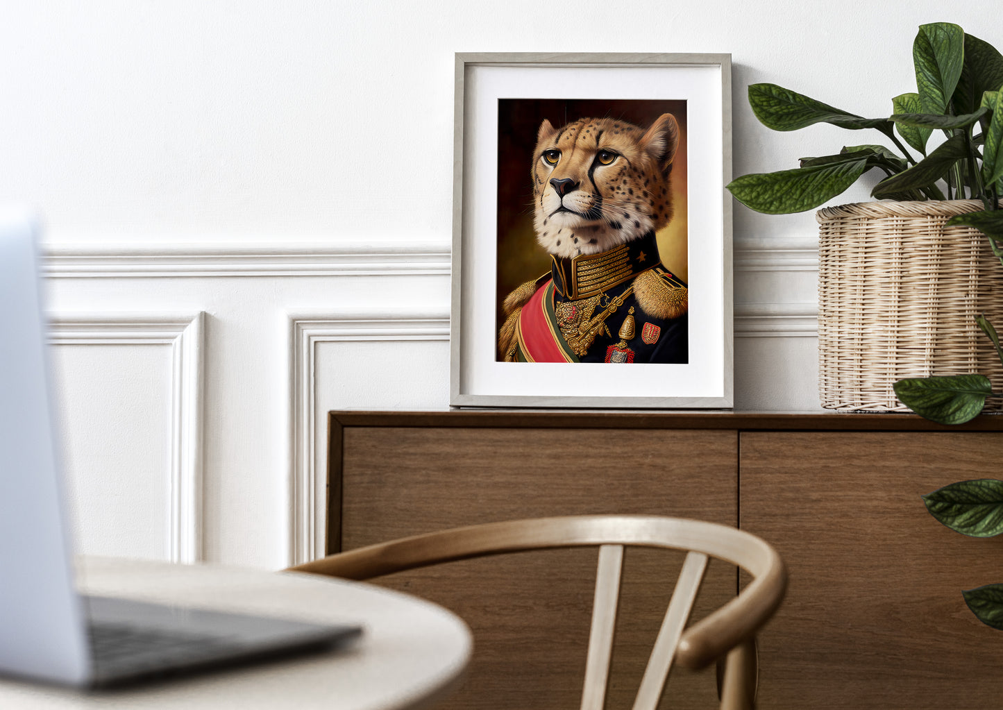 Poster guépard en uniforme, cadre fin et passe-partout, posé sur un buffet en bois