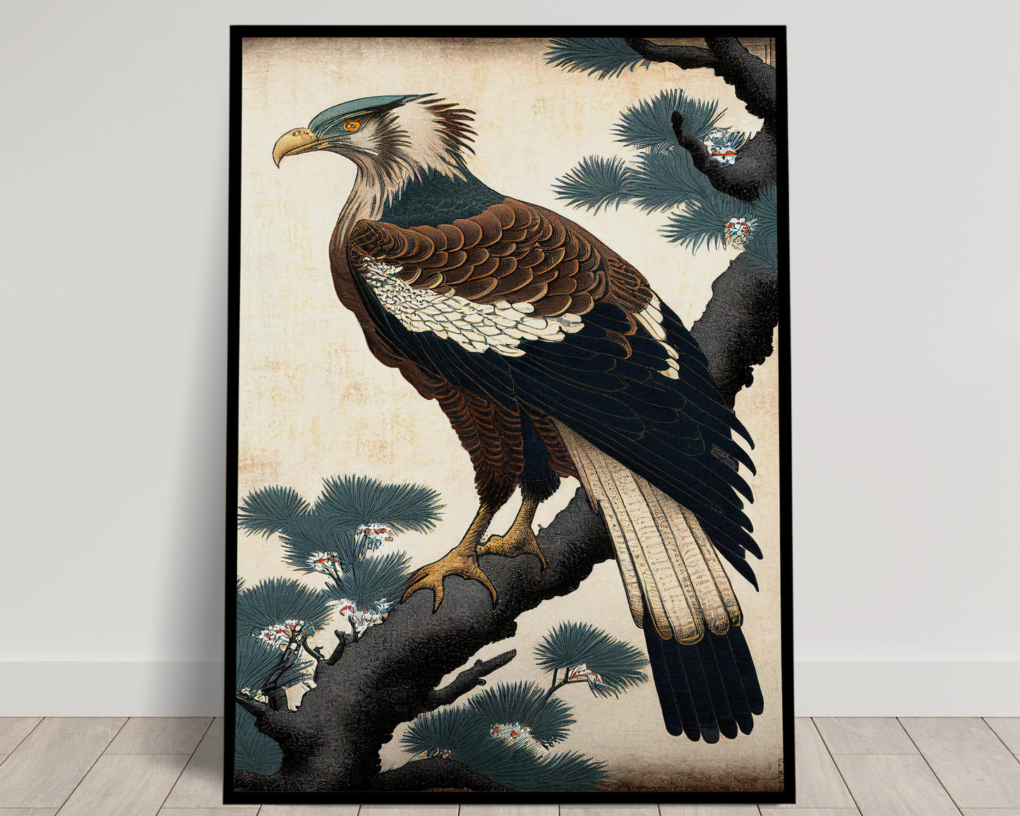 Aigle brun et blanc perché sur une branche de pin, fond crème, style estampe ukiyo-e, poster Balthazart Studio