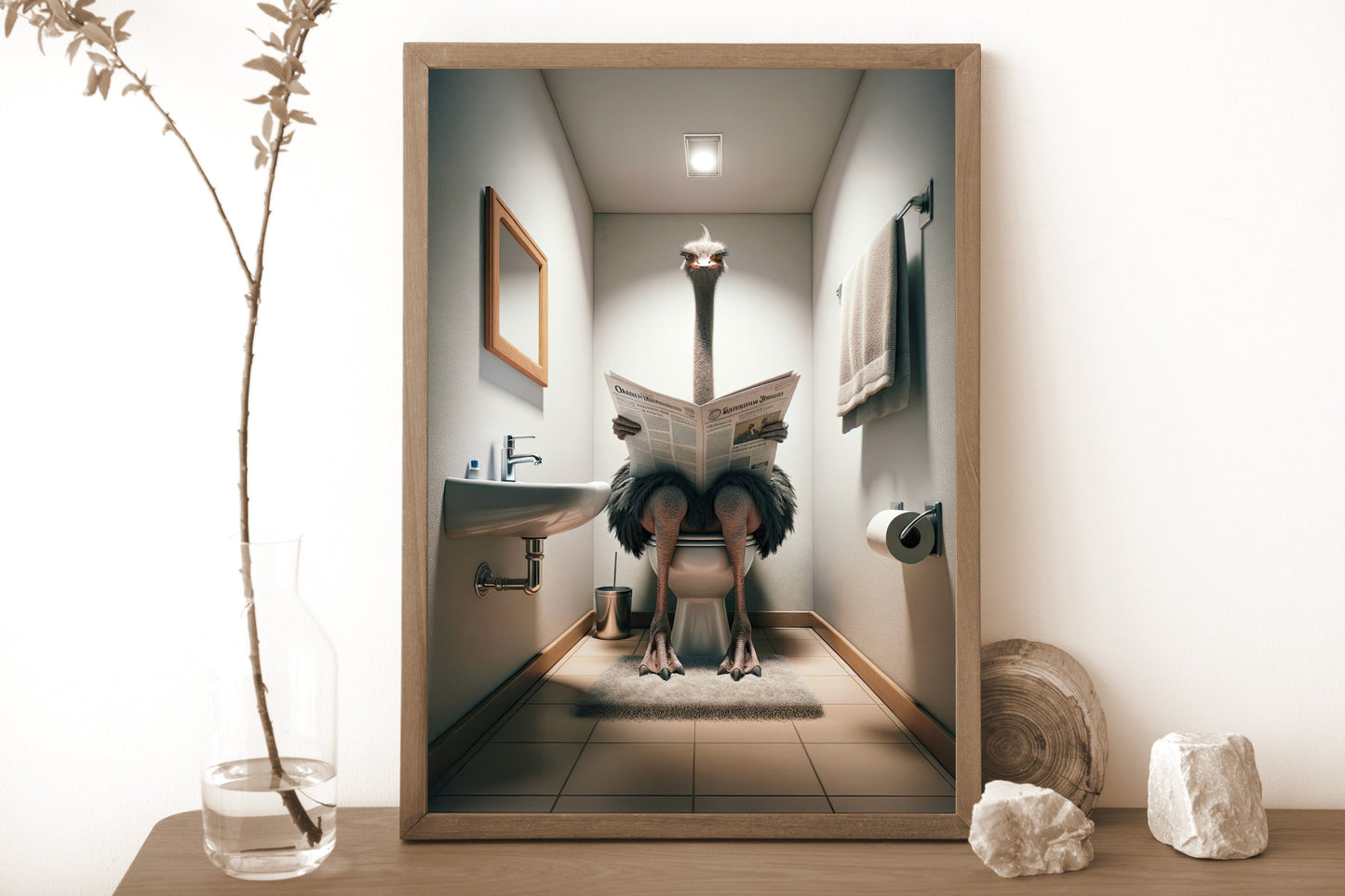 Ostrich reading the newspaper print, dark wood frame on a console next to stones and a glass vase
