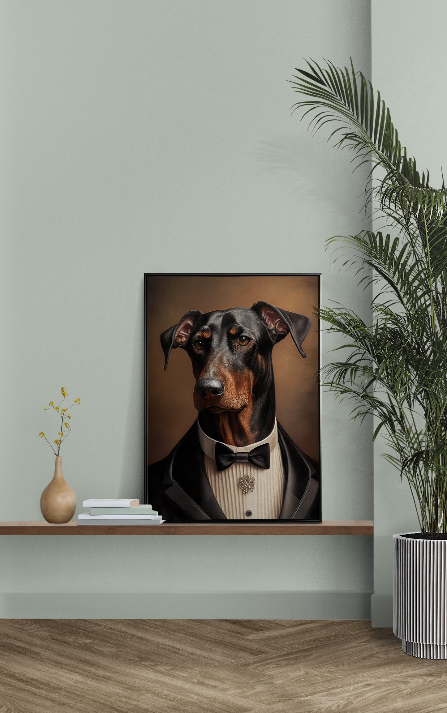 Poster doberman en smoking posé sur une étagère murale, mur vert sauge et palmier en pot