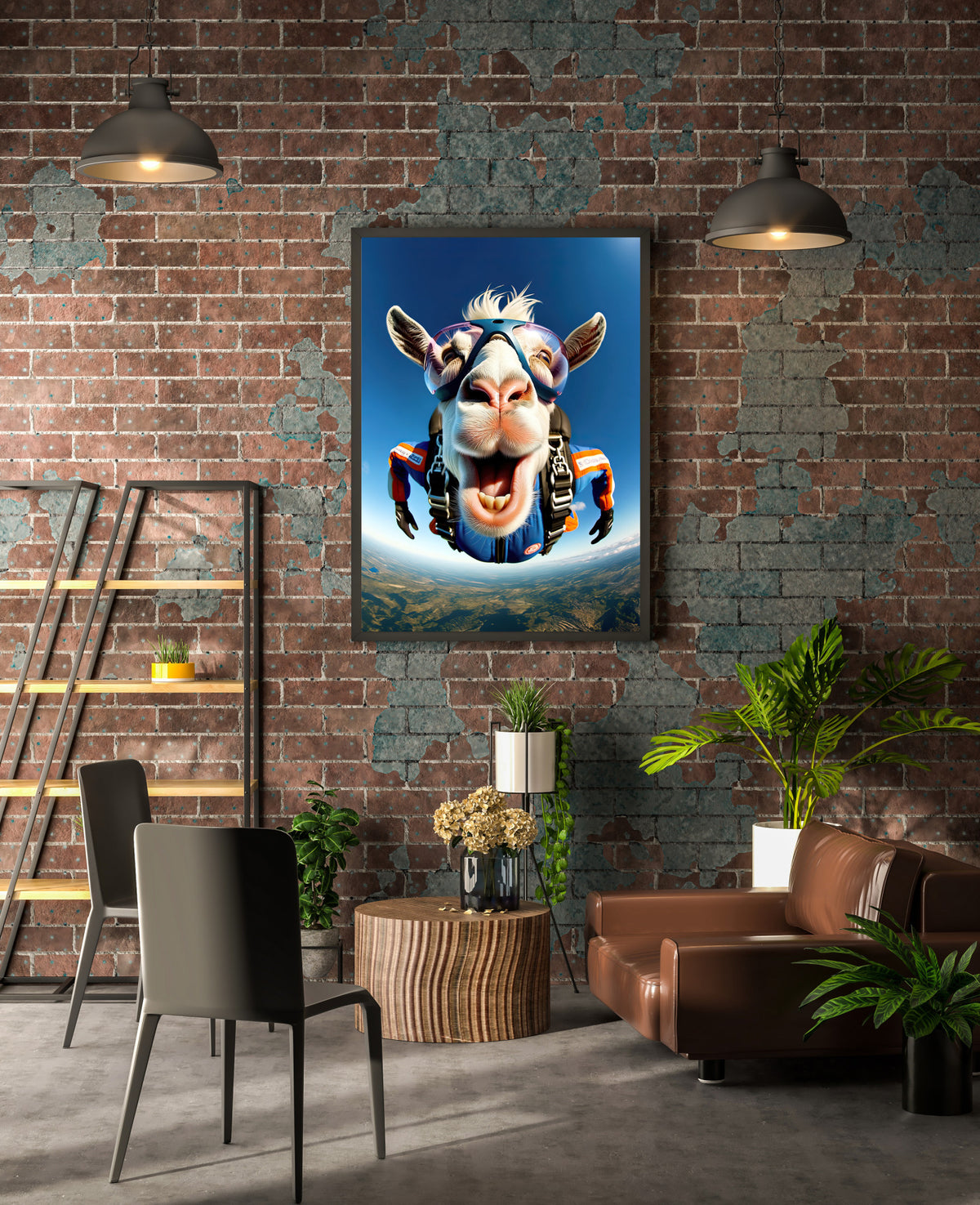 Skydiving goat poster, black frame on an exposed brick wall, industrial living room with leather sofa