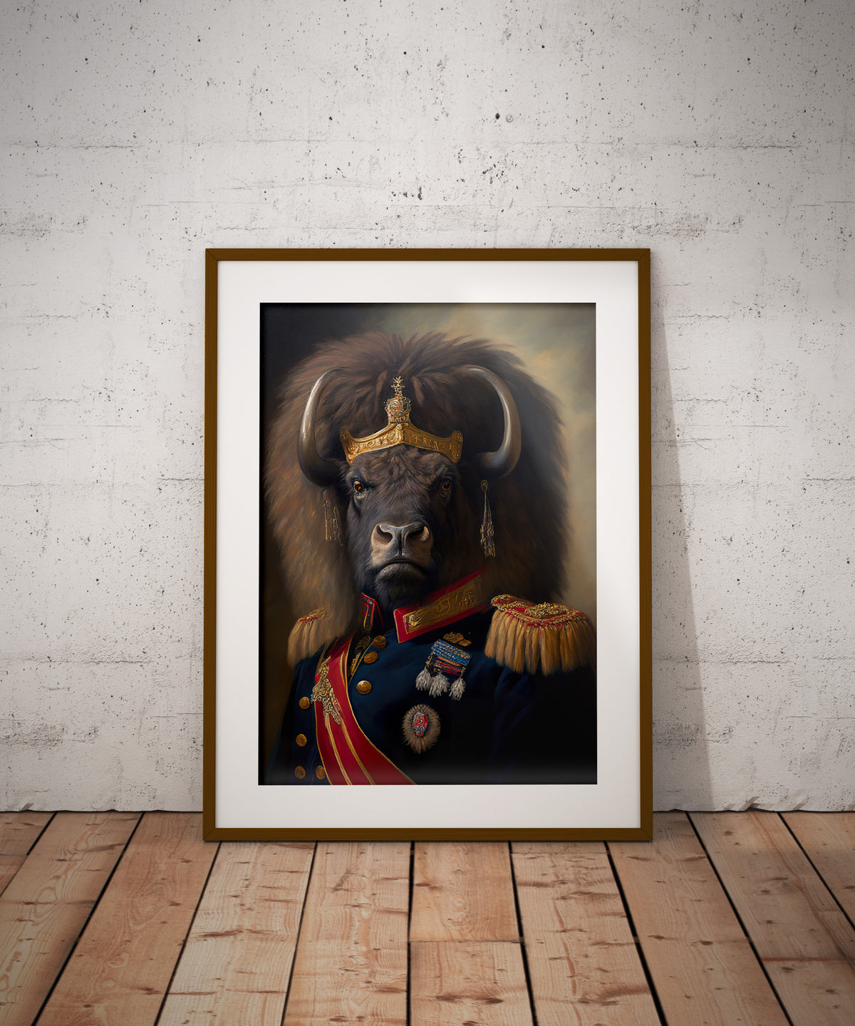 Heroic buffalo poster in a dark wood frame with a mat on the floor against a white brick wall
