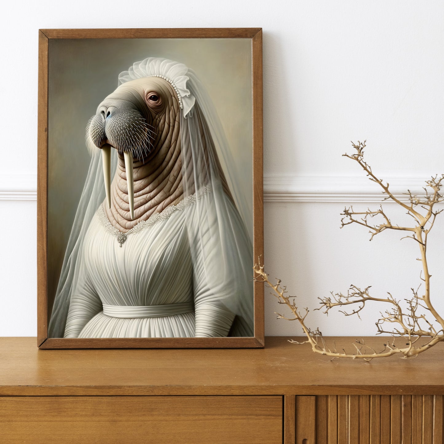 Walrus in wedding dress poster in a dark wood frame on a wooden sideboard with a decorative branch