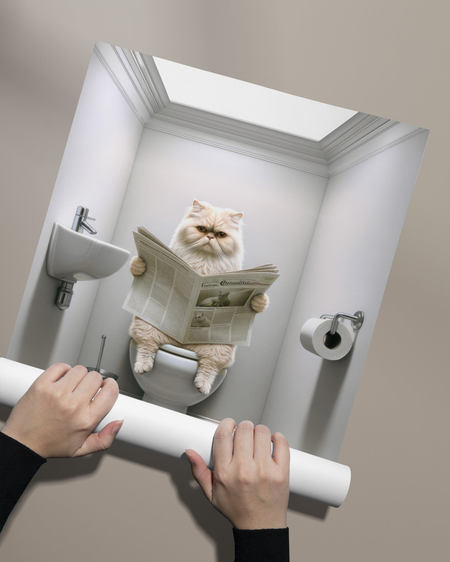 Affiche murale humour Chat Persan crème aux toilettes, Décoration WC et Salle de bain, Cadeau fun pour amoureux des chats