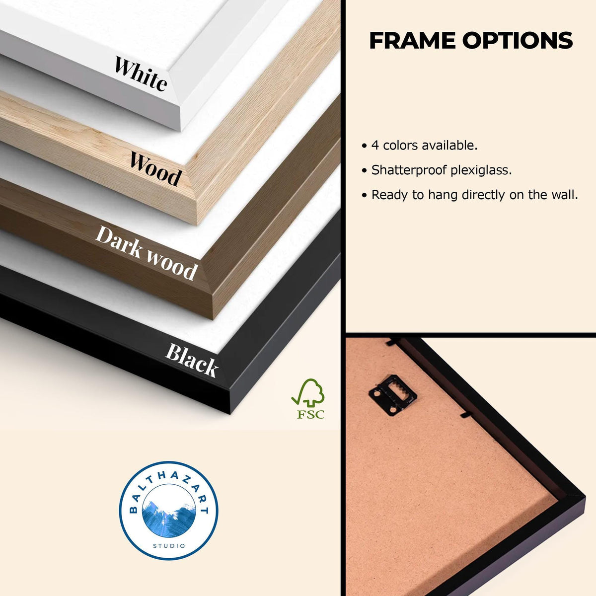 Cadres disponibles : blanc, bois clair, bois foncé et noir, plexiglas incassable, prêts à accrocher