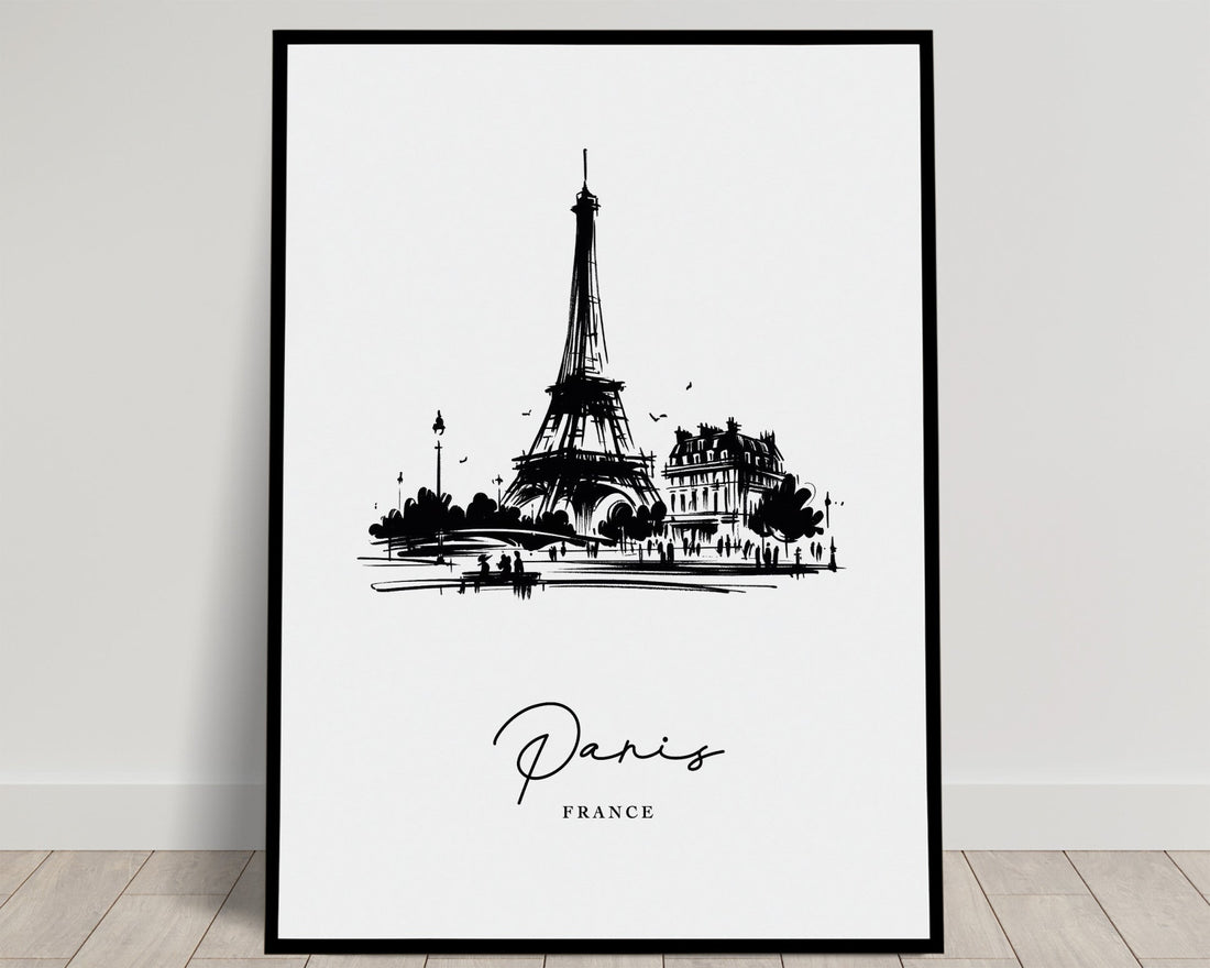 Affiche poster Paris noir et blanc — illustration des toits parisiens à encadrer pour décoration murale de salon, idée cadeau voyage chic