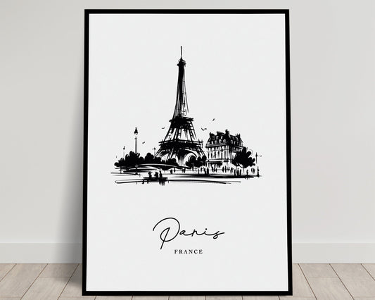 Affiche poster Paris noir et blanc — illustration des toits parisiens à encadrer pour décoration murale de salon, idée cadeau voyage chic