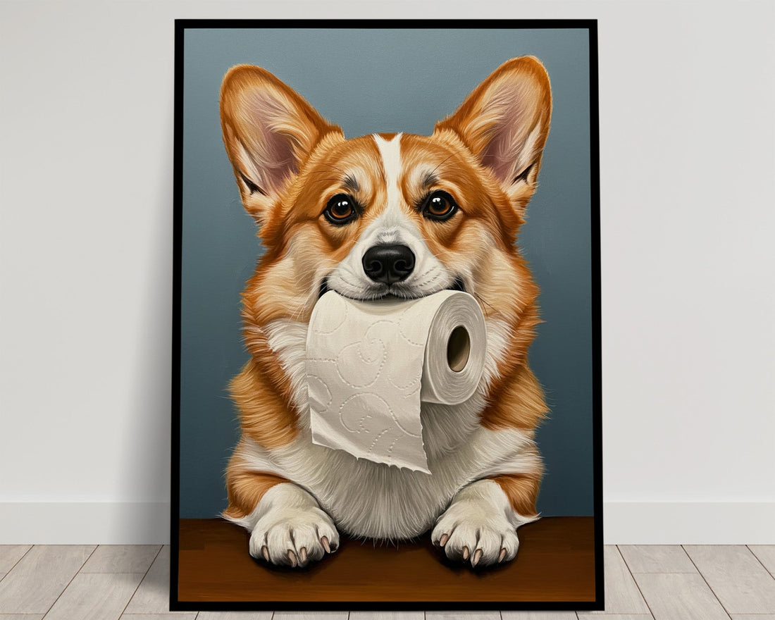 Corgi mordant un rouleau de papier toilette — poster animaux humour à encadrer pour décoration murale insolite et cadeau original amoureux des chiens