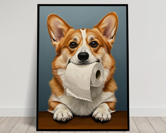 Corgi mordant un rouleau de papier toilette — poster animaux humour à encadrer pour décoration murale insolite et cadeau original amoureux des chiens