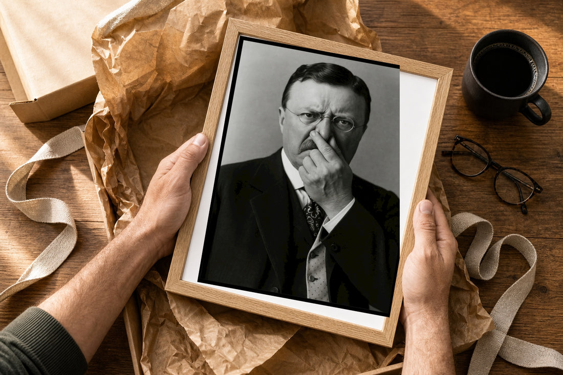Poster Roosevelt se pinçant le nez encadré, déballé sur table en bois — cadeau Fête des Pères original