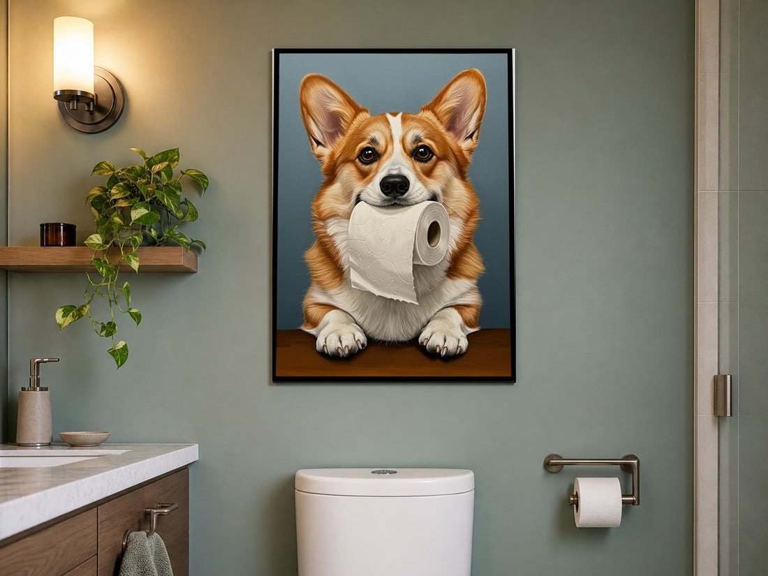 Poster Corgi avec rouleau de papier toilette encadré au-dessus des toilettes — déco WC humoristique