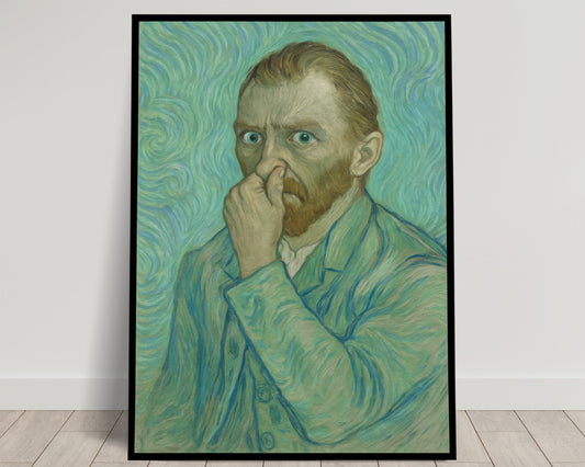 Poster Van Gogh se pinçant le nez, encadré au-dessus des toilettes