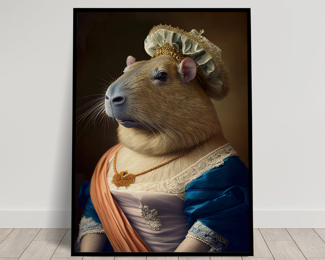Poster Capybara en robe de princesse baroque — affiche humoristique animalière, idée cadeau original