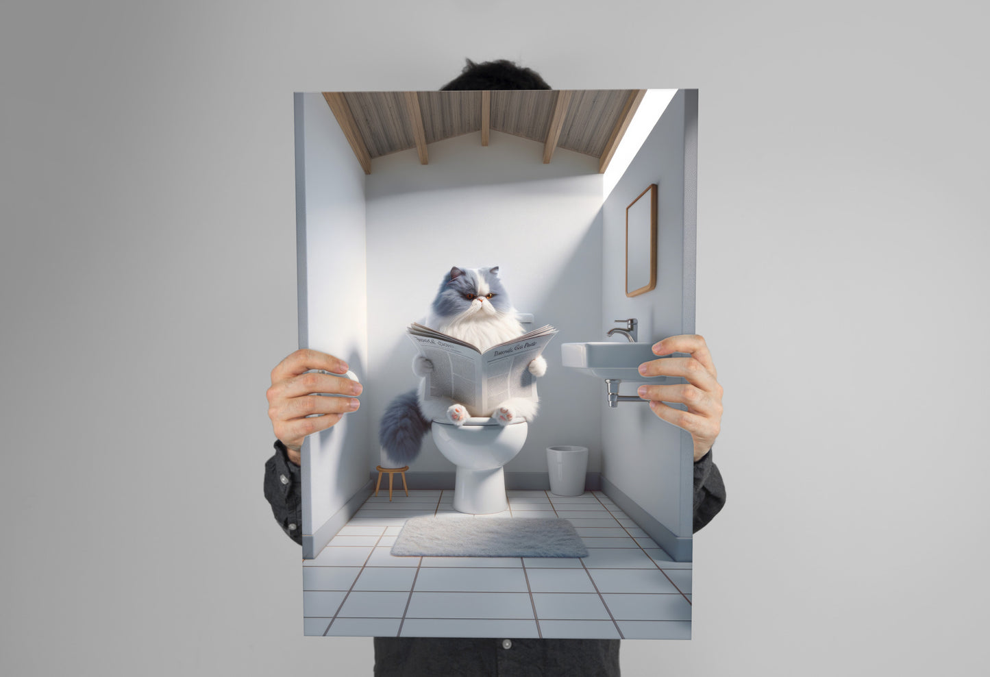 Affiche murale Chat Persan Bleu et Blanc, Lecture Humour Toilettes, Décor WC & Salle de bain, Cadeau Original.