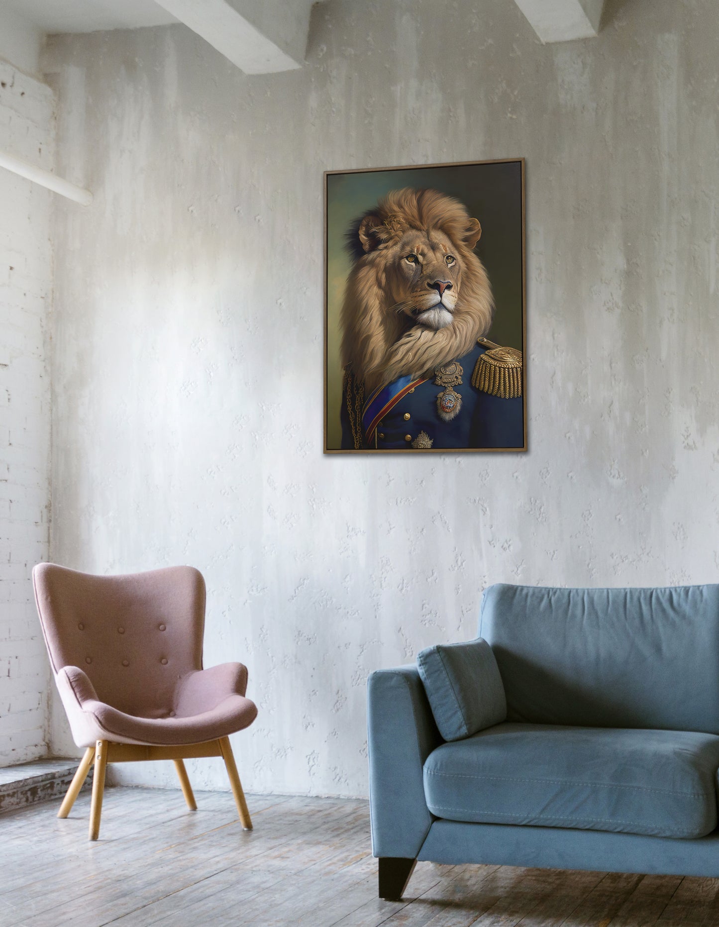 Heroic Lion Poster in Military Uniform, Animal Wall Art, Feline Wall Decoration, Portrait Print