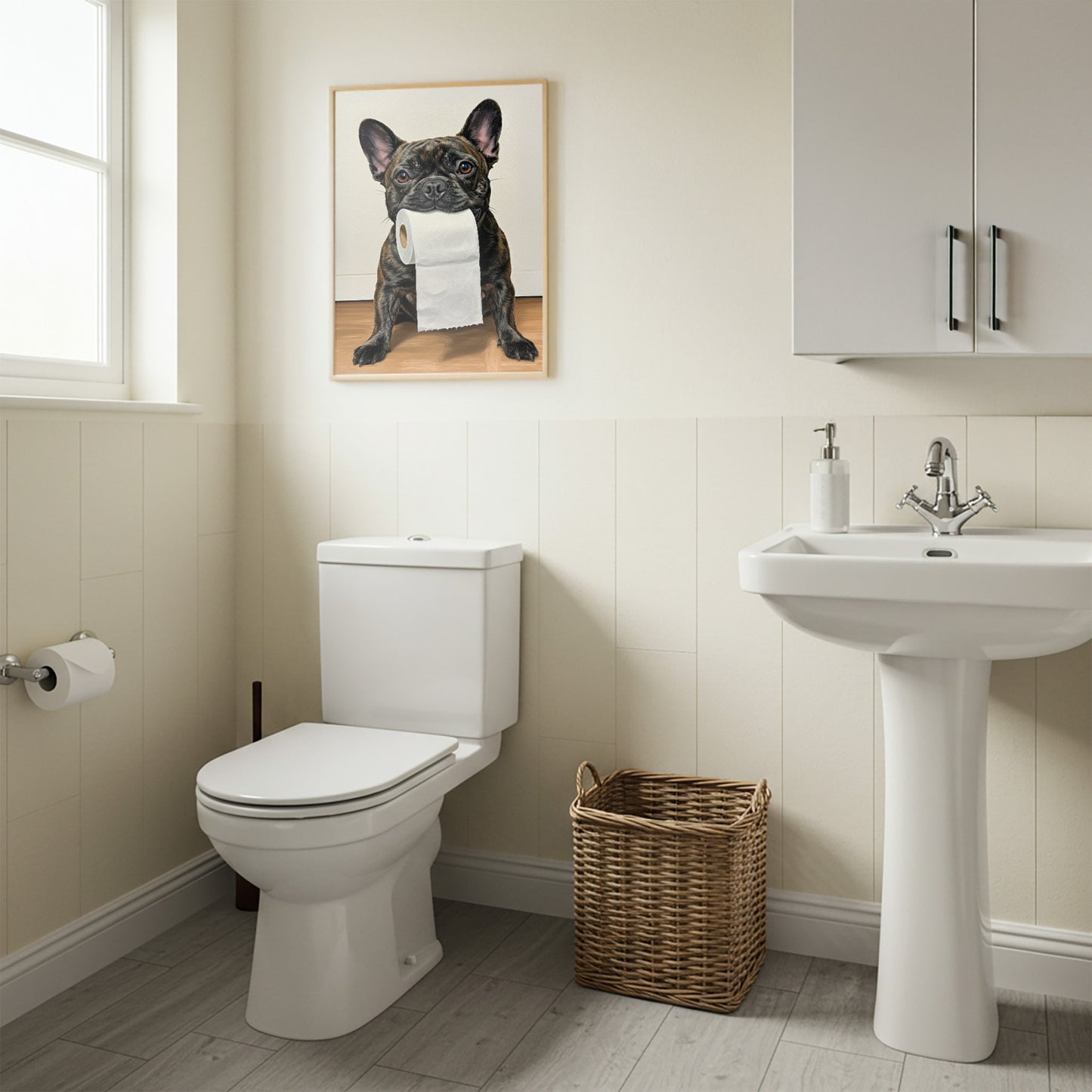 Bouledogue français bringé mordant un rouleau de papier toilette, Humour Toilettes, Poster WC, Cadeau Bulldog, Affiche encadrée, Poster