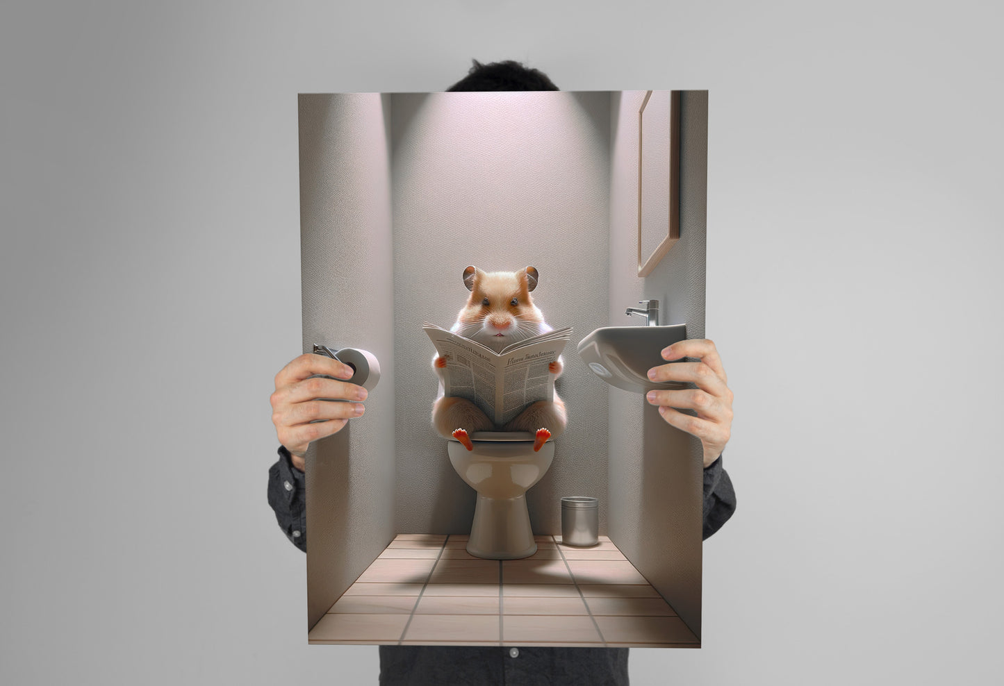 Hamster Reading Newspaper Poster - Funny Bathroom Wall Art, Unique WC Decor, Gag Gift for Toilet Room