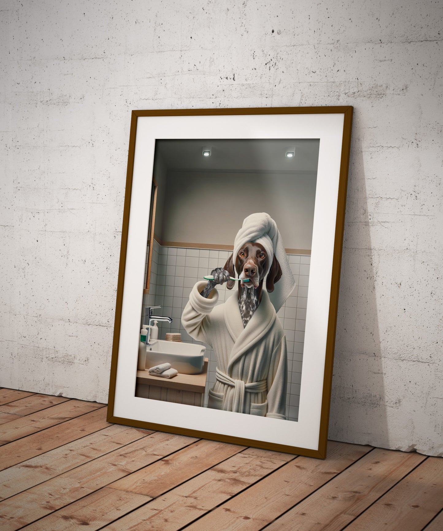 Portrait of a German Shorthaired Pointer Brushing Teeth in Bathrobe – Funny Dog Bathroom Decor, Cute Poster, Gag Gift, Framed art