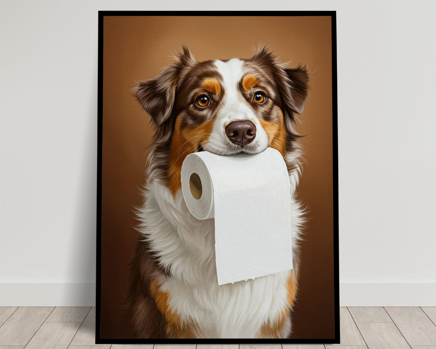 Berger australien mordant un rouleau de papier toilette, Humour Toilettes, WC, Cadeau Berger australien, Affiche encadrée, Poster chien