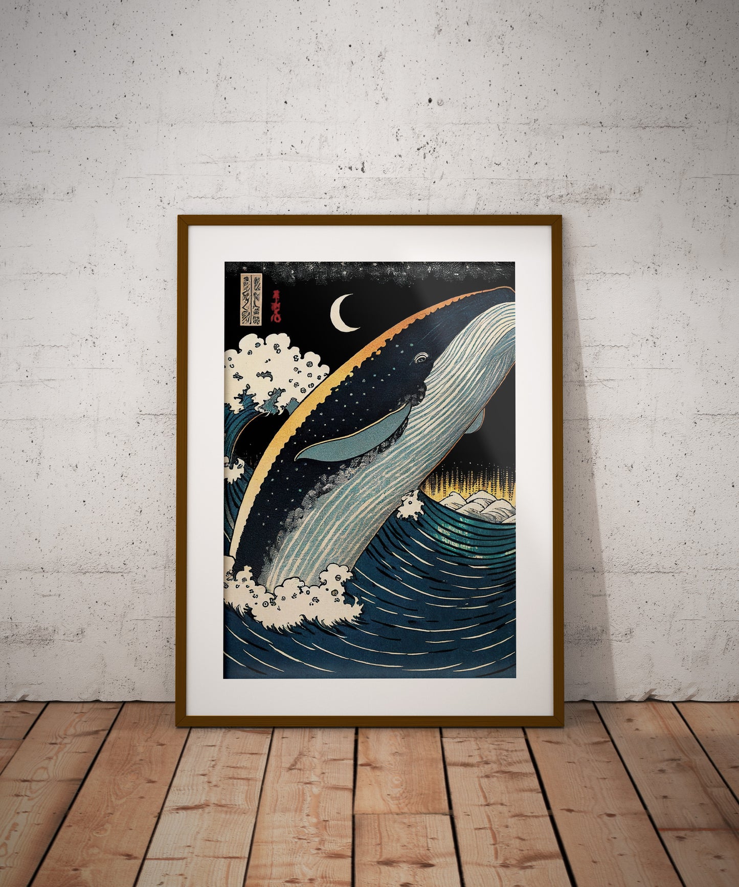 Japanese Whale at Night Wall Poster - Ukiyo-e Style Illustration, Wall Art, Home Decor, Japanese Print Poster