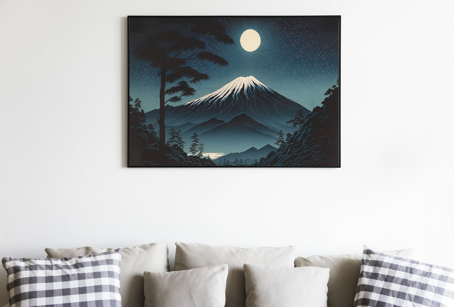 Mount Fuji Poster Under Full Moon - Japanese Art Style Illustration, Fujisan Landscape Wall Decor, Frameable Artwork