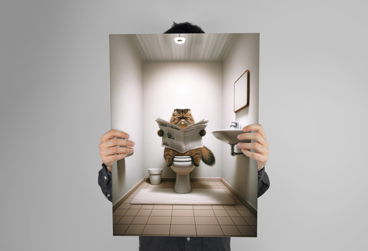 Affiche Humoristique Chat Persan Tigré Marron lisant, Poster Déco Toilettes & Salle de Bain, Cadeau Original Chat Fun