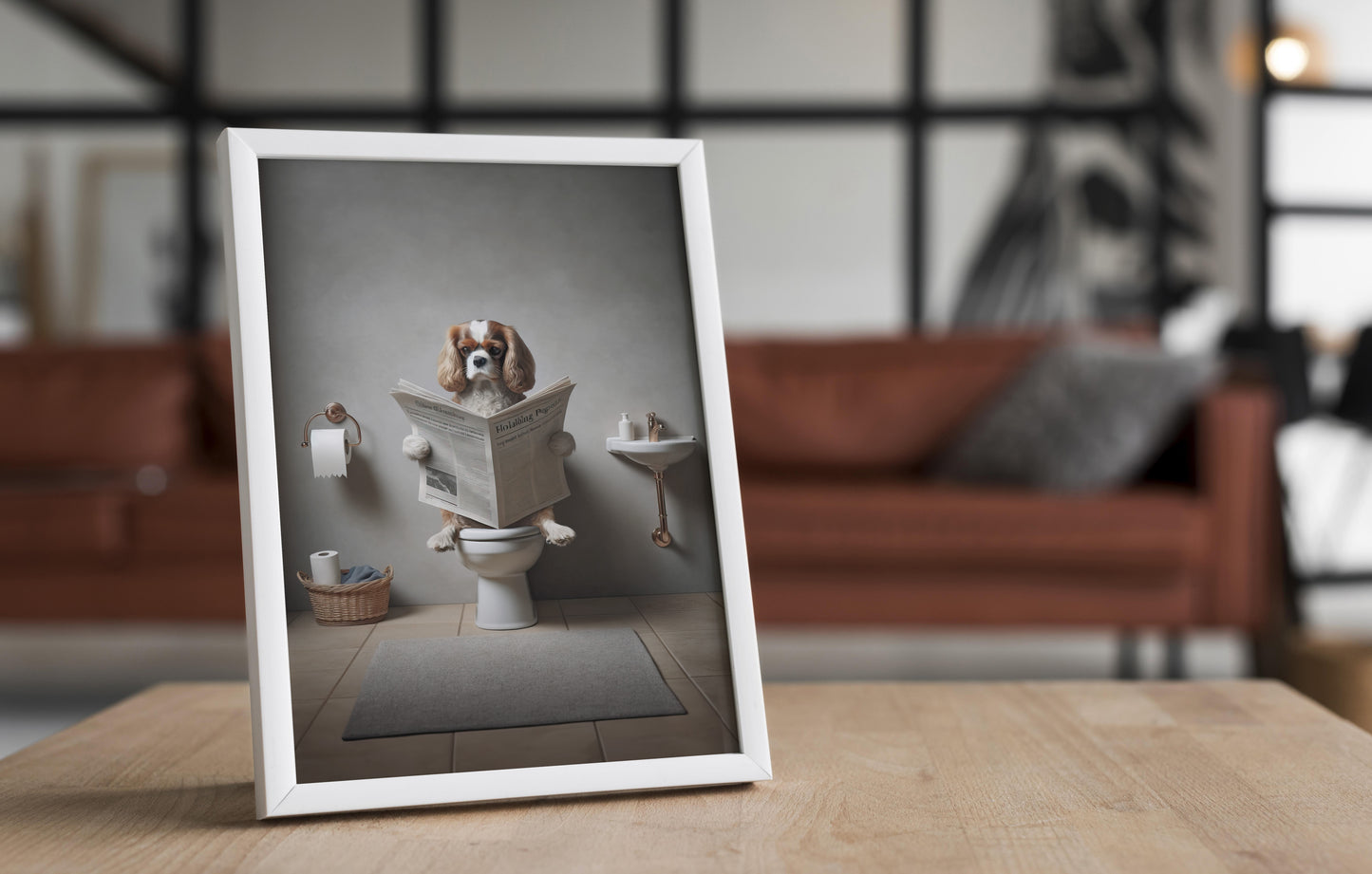 Cavalier King Charles Spaniel Reading Newspaper Poster - Fun Bathroom Wall Art Decor - Unique WC Gift