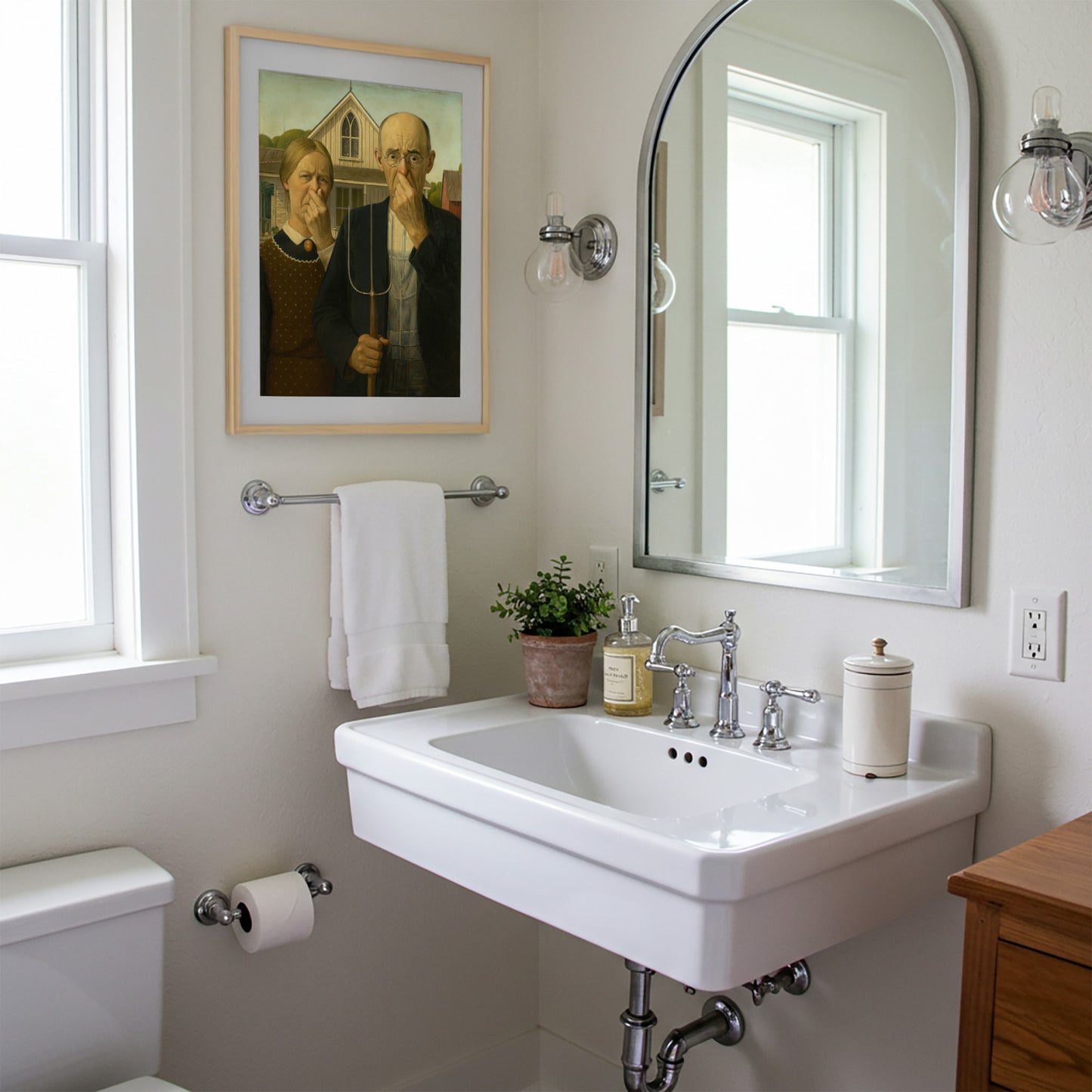 Funny Bathroom Poster – Quirky Restroom Wall Art, American Gothic Parody, Toilet Humor Decor, Unique Framed Gift for Home