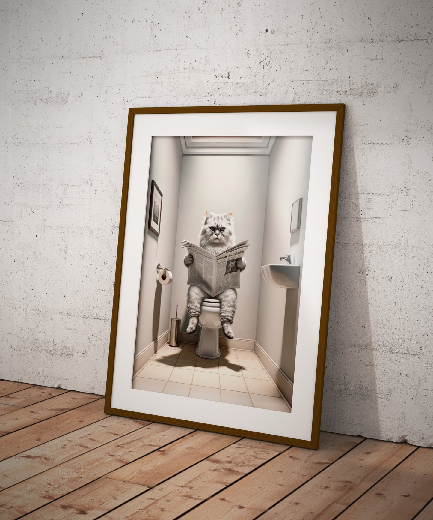 Affiche murale Chat Persan Silver Shaded lisant aux toilettes - Déco humoristique WC & Salle de bain - Cadeau original