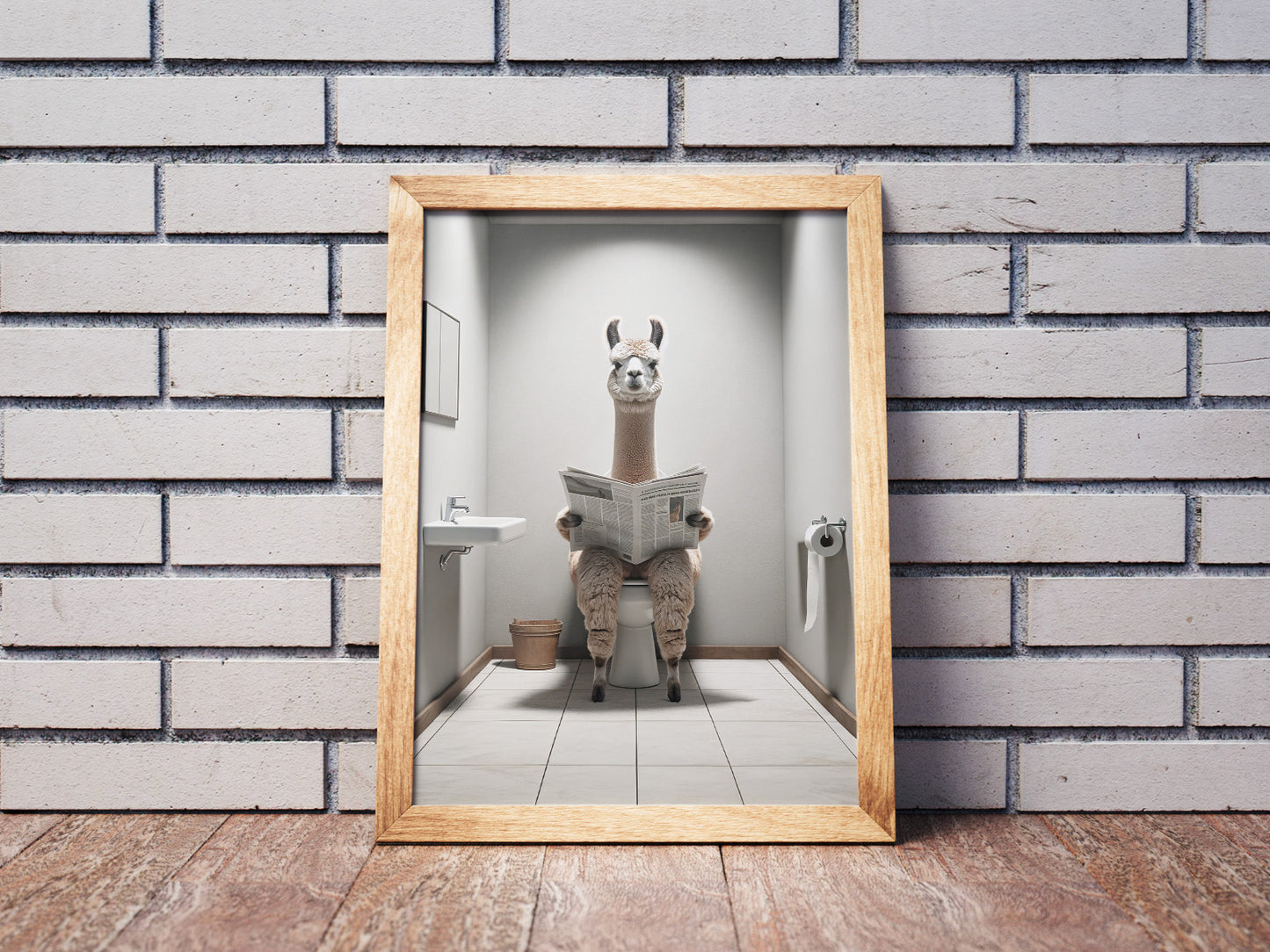 Funny Alpaca on Toilet Reading Newspaper Poster - Unique Bathroom Wall Art Decor - Humorous WC Gift