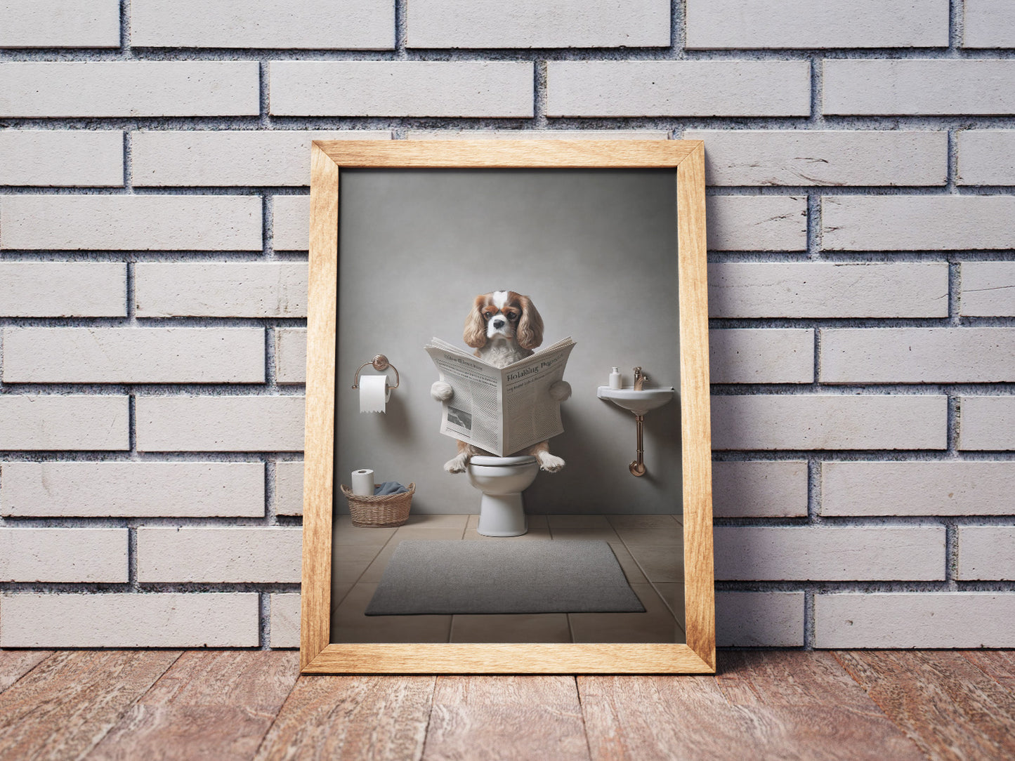 Cavalier King Charles Spaniel Reading Newspaper Poster - Fun Bathroom Wall Art Decor - Unique WC Gift