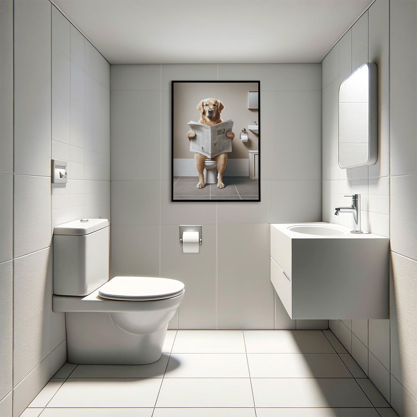 Golden Retriever Reading Newspaper Toilet Poster – Fun Bathroom Decor, Wall Art, Gag Gift for WC