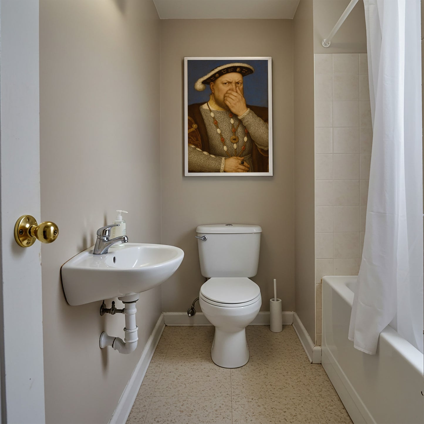 Funny Henry VIII Bathroom Poster – Quirky Restroom Wall Art, Parody Toilet Humor Decor, Unique Framed Gift for Home
