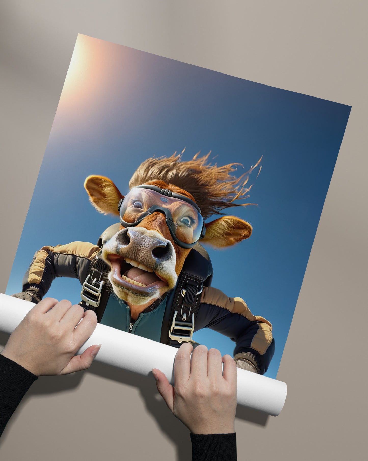Affiche murale Vache en chute libre, Poster Skydiving Animal, Décoration Sport Extrême, Cadeau original