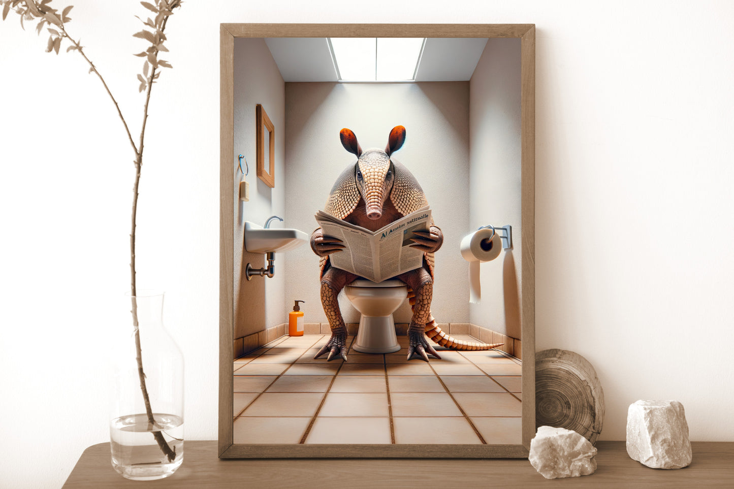 Armadillo Reading Newspaper Poster - Funny Bathroom Wall Art Decor - Unique WC Toilet Gag Gift