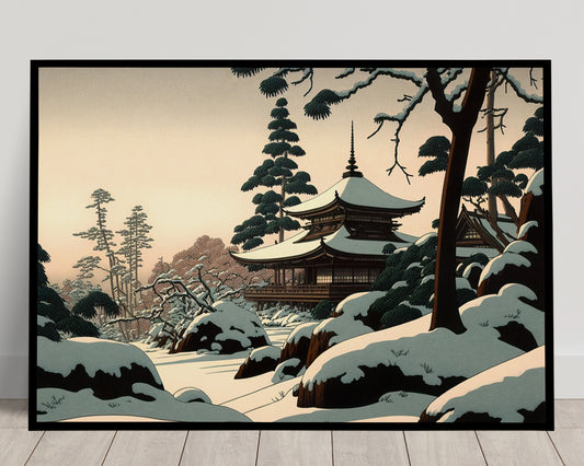 Japanese Temple Wall Poster – Snowy Mountain Landscape | Japanese Art Style Illustration | Framed Wall Decoration