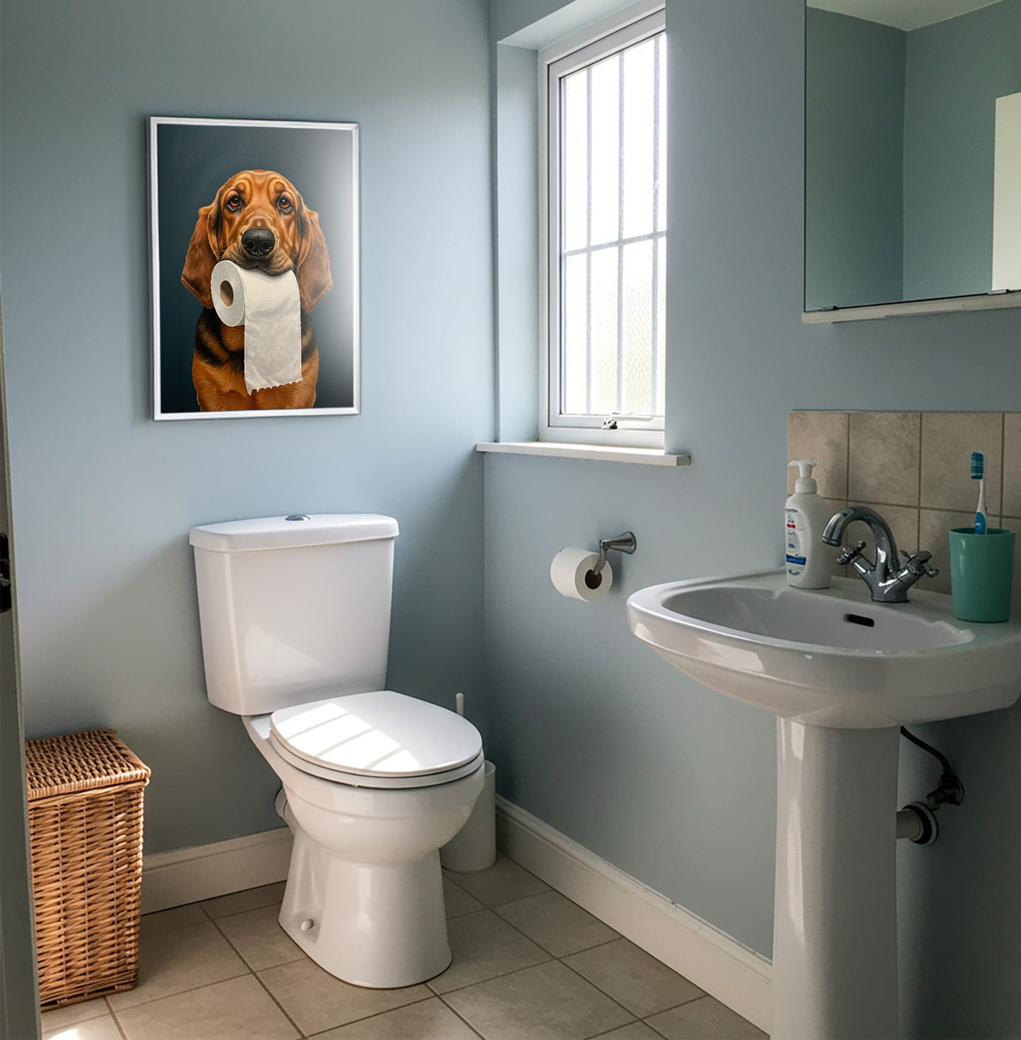 Chien de Saint-Hubert mordant un rouleau de papier toilette, Humour Toilettes, Poster WC, Cadeau St-Hubert, Affiche encadrée, Poster chien