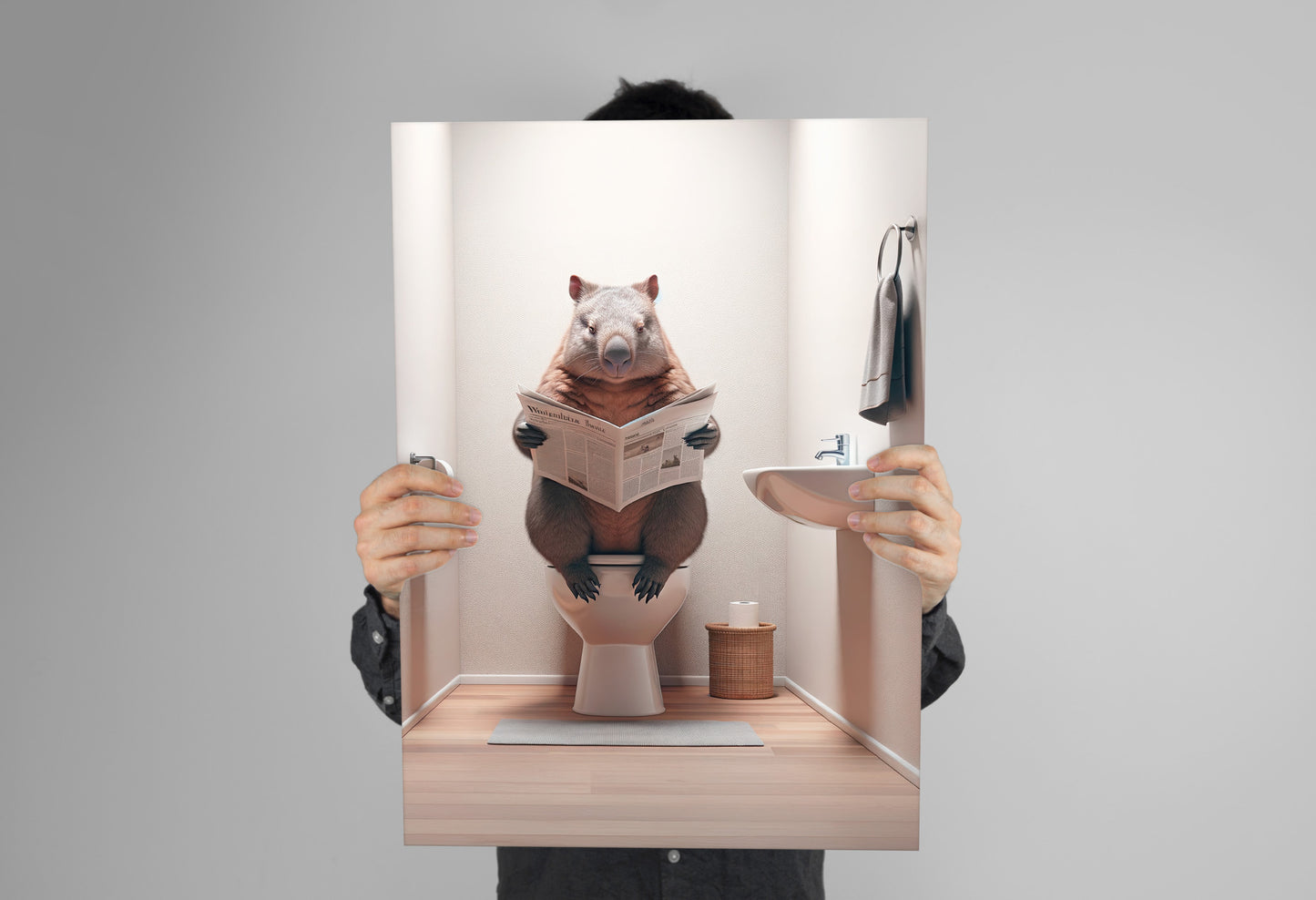 Wombat Reading Newspaper Toilet Poster - Unique Funny Bathroom Wall Art & Gag Gift Decor for WC